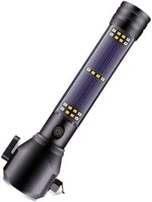Multi-functional Car Safety Hammer Solar Alarm Emergency Working Flashlight (Black)