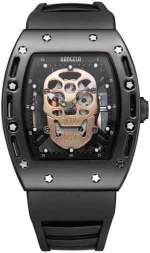 BAOGELA 1612 Skull Silicone Mens Watch Waterproof Sports Quartz Watch ( Black Shell Rose Gold Skull)