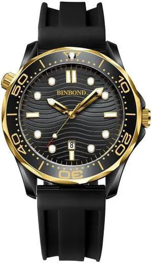Black Silicon Inter-gold Black BINBOND B2820 Luminous 30m Waterproof Men Sports Quartz Watch Black Silicon Inter-gold Black