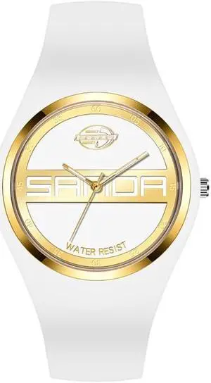 SANDA 6077 Simple Icon Round Dial Ladies Silicone Strap Quartz Watch (White Gold Dual Mark)