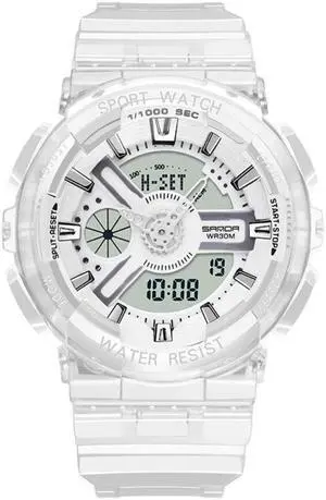 SANDA 298 Watch Men And Women Transparent Watch Waterproof Multi Functional luminous Movement Double Display Couple Electronic Watch (White Woman)