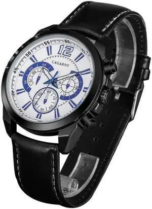 CAGARNY 6826 Fashionable  Quartz Business Sport Wrist Watch with Leather Band & 24-hour Indication & Calendar Function for Men(White Window Blue Scale)