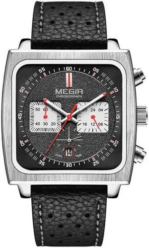 MEGIR 2182 Men Business Chronograph Calendar Waterproof Luminous Watch Square Quartz Watch (Black Face Black Belt)