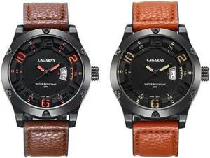 CAGARNY 6858 Fashion Dual Quartz Movement Wrist Watch with Leather Band (Coffee)