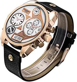 CAGARNY 6822 Fashionable Concise Style Large Dial Dual Clock Rose Gold Case Quartz Movement Wrist Watch with Leather Band & GMT Time & Calendar Functions for Men (Style 2)