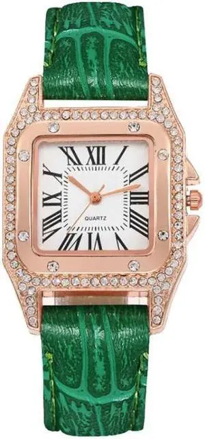 Women Tonneau Square Strap Quartz Watch, Color: Green Green