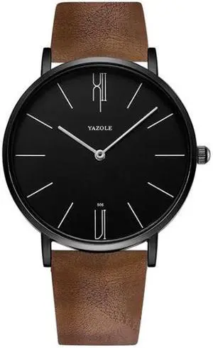 YAZOLE 506 Simple Large Scale Dial Men Business Quartz Watch (Black Shell Black Tray Brown Belt)