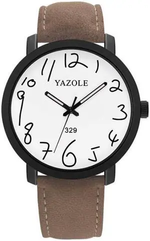 YAZOLE Personality Arabic Numeral Dial Student Watch Quartz Children Watch (329 White Tray Brown Belt)