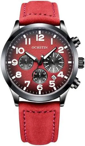 Ochstin 6042C Fashion Leather Waterproof Luminous Quartz Men Watch (Gradient Black Red)