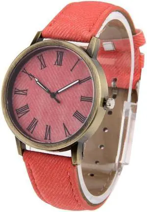 Denim Texture Style Round Dial Retro Digital Display Women & Men Quartz Watch with PU Leather Band (Pink)