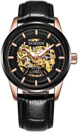 Ochstin 2002C Men  Automatic Hollow Leather Mechanical Watch Business Waterproof Night Light Men Watch Mechanical Watch(Black) (Silvery)