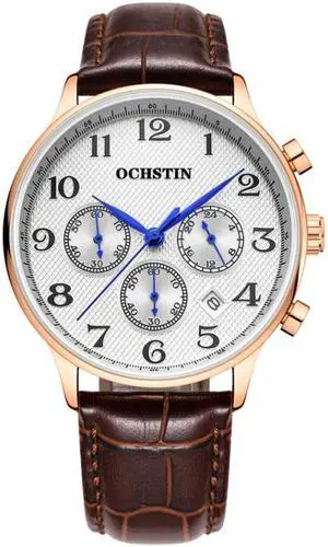 Ochstin 6050E Multifunctional Quartz Men Leather Watch (Rose Gold+Coffee)