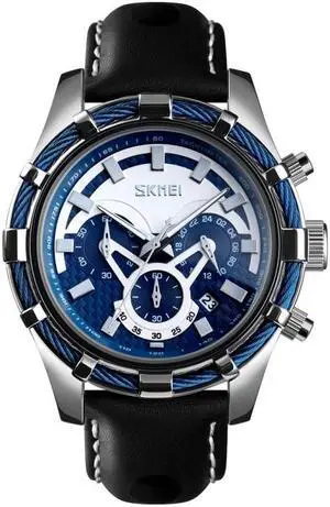 SKMEI 9189 Men Three-eye Six-pin Dial Calendar Timing Quartz Watch (Silver)