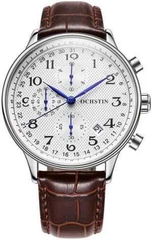 Ochstin 6050C Multifunctional Quartz Men Leather Watch (Silver+Coffee)
