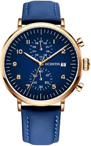 OCHSTIN 6076C Multifunctional Quartz Waterproof Men Leather Watch (Rose Gold+Blue) Black