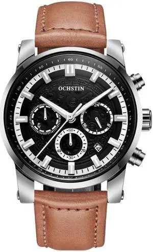 Ochstin 5111B Multifunctional Business Waterproof Luminous Leather Strap Quartz Watch (Silver+Light Brown)