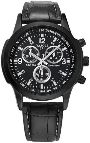 YAZOLE 271 Three-Eye Six-Hand Watch Men Auartz Watch Waterproof Business Watch (Black Shell Black Belt)