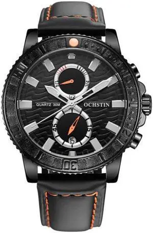 Ochstin 6045A Multifunctional Quartz Luminous Genuine Leather Men Watch (Black+Black)