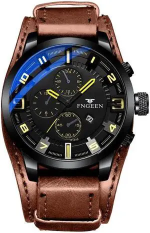 FNGEEN P1010 Men Fashion Large Dial Leather Belt Watch Student Casual Quartz Watch (Light Brown Leather With Yellow Words)