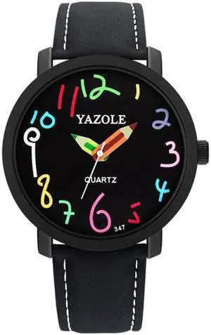 YAZOLE Personality Arabic Numeral Dial Student Watch Quartz Children Watch (347 Black Tray Black Belt)