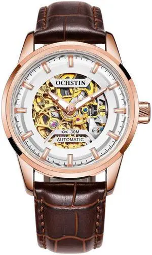 Ochstin 2002C Men  Automatic Hollow Leather Mechanical Watch Business Waterproof Night Light Men Watch Mechanical Watch(Black) (Coffee)