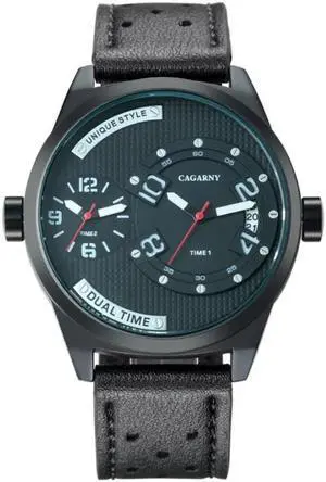 CAGARNY 6816 Living Waterproof Round Dial Dual Quartz Movement Alloy Case Fashion Watch Quartz Watches with Leather Band (Blue) Black