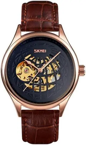 SKMEI 9209 Men Business Automatic Mechanical Watch Round Hollow Dial Leather Watchband Watch (Rose Gold Black)