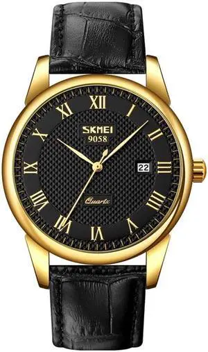 SKMEI 9058 Multifunctional Outdoor Fashion Waterproof Gold Shell Quartz Wrist Watch (Men Style Black Face Black Strap)