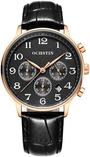 Ochstin 6050E Multifunctional Quartz Men Leather Watch (Rose Gold+Black)