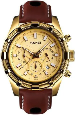 SKMEI 9189 Men Three-eye Six-pin Dial Calendar Timing Quartz Watch (Gold)