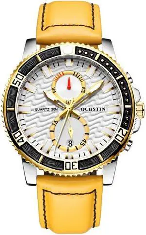 Ochstin 6045A Multifunctional Quartz Luminous Genuine Leather Men Watch (Gold+Yellow)