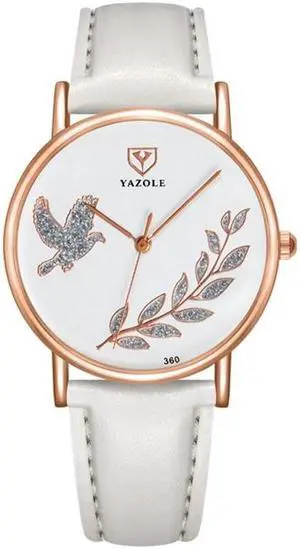 YAZOLE 360 Leather Band Dove of Peace Diamond Lady Watch (White+White)