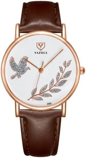 YAZOLE 360 Leather Band Dove of Peace Diamond Lady Watch (White+Brown)