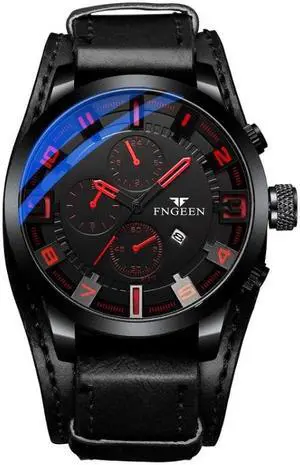 FNGEEN P1010 Men Fashion Large Dial Leather Belt Watch Student Casual Quartz Watch (Black Leather With Red Words)