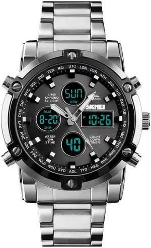SKMEI 1389 Multifunctional Men Business Digital Watch 30m Waterproof Large Dial Wrist Watch with Stainless Steel Watchband (Silver+Black)