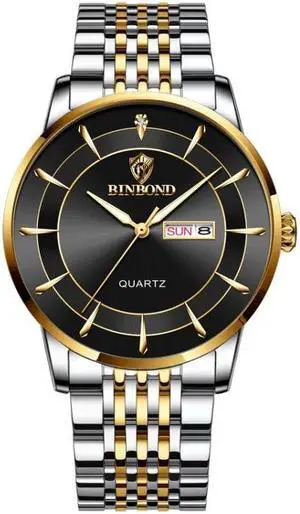 BINBOND B2077 30M Waterproof Quartz Luminous Watch Butterfly Buckle Men's Steel Belt Watch (Inter-gold-Black)