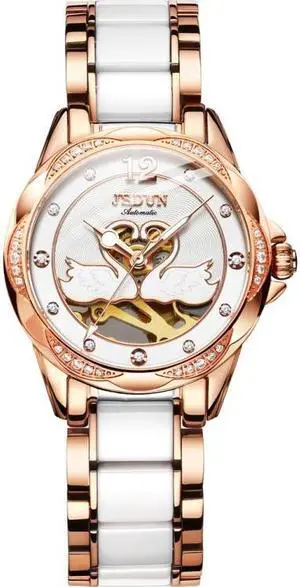 JIN SHI DUN 8831 Women Fashion Diamond Hollowed Waterproof Ceramic Mechanical Watch (White)