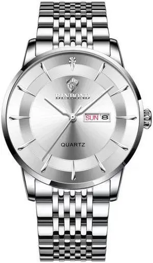 BINBOND B2077 30M Waterproof Quartz Luminous Watch Butterfly Buckle Men's Steel Belt Watch (White Steel-White)