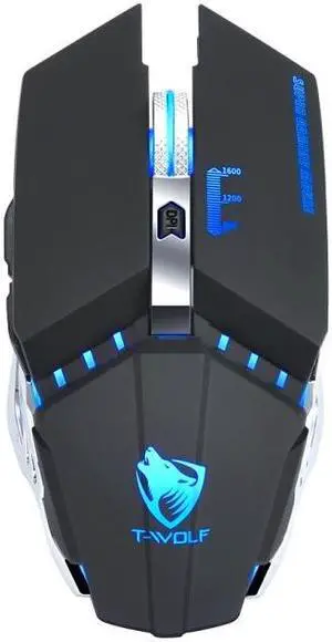 T-WOLF Q15 6-Buttons 1600 DPI Wireless Rechargeable Mute Office Gaming Mouse with 7 Color Breathing Light (Technology Black)