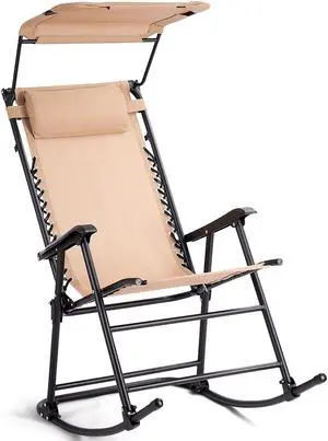Costway Folding Rocking Chair Rocker Porch Zero Gravity Furniture Sunshade Canopy Beige