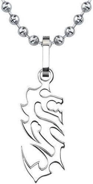 Oriental Charm: Designer Inspired Titanium Brushed Finish Dragon Pendant on a Stainless Steel Ball Chain