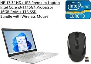 New HP 17.3" HD+ IPS Premium Laptop | 11th Generation Intel Core i3-1115G4 Processor | Intel UHD Graphics | 16GB RAM | 1TB SSD | Windows 11 Home S Mode | Silver | Bundle with Wireless Mouse