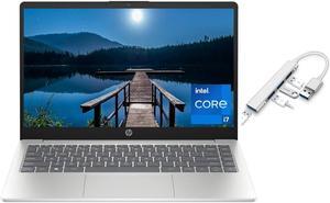 HP 14 inch FHD Display Slim Laptop | Intel Core i7-1355U Processor | Intel Iris Xe Graphics |Webcam | Silver | 32GB RAM | 512GB SSD | Windows 11 Home | Bundle with USB 3.0 Hub
