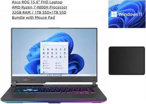 Asus ROG 15.6" FHD Laptop | AMD Ryzen 7 4800H Processor | NVIDIA GeForce RTX 3060 | 32GB RAM | 1TB SSD+ 1TB SSD | Windows 11 Home | Backlit Keyboard | Bundle with Mouse Pad