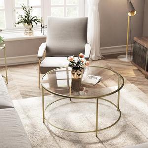 ViscoLogic Regal Mid-Century Elegant Round Clear Glass Table, Metal Frame Coffee/Center Table For Your Living Room, Bedroom (Golden Color)