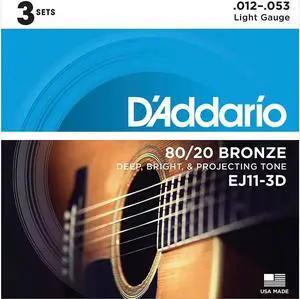 D'Addario EJ11-3D 80/20 Bronze Light Acoustic Guitar Strings 3-Pack