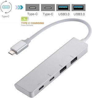 Type-C to 2-port Type-C Female / 2-port USB 3.0 HUB  Support PD Charging Port and USB-C Data Transfer,  4 in 1 USB-C HUB with 2 x USB3.0 Type-C PD Port.
