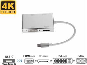 Type-C to HDMI + VGA + DVI + DP Video HUB for Dual Display, 4 in 1 USB-C HUB, Thunderbolt 3 Compatible, Support 4K UHD Video Output for New MacBook, ChromeBook connected TV, Monitor and Projector.