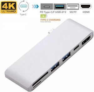 6 in 1 Dongle Type-C To 4K HDMI + 2 USB 3.0 + PD + SD/TF Card Reader Dock HUB for Macbook Laptop Notebook, 6 in 1 USB-C Dongle with HDMI USB PD SD TF, Type-C Extender for Laptop.