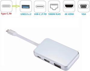 6-in-1 USB-C HUB, 6in1 USB C to HDMI VGA LAN PD 2 USB3.0 Adapter with Double Glass Surface, 6 in 1 Type-C HUB HDMI VGA RJ45 PD USB HUB, 4K HDMI, 100W PD, 1000M Ethernet.